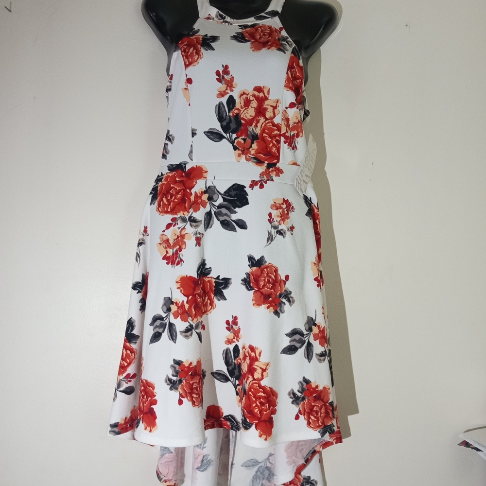 White Floral Halter Dress with Red Roses